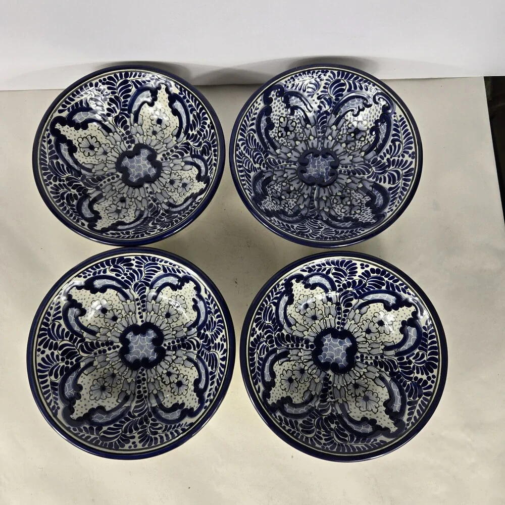 Set Of 4 Talavera Pottery Mexican Art Blue & White Soup Plate 2.5 X 7 Inches